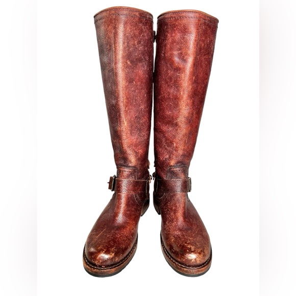 Frye Veronica Brown Antiquet Leather Back Zip Cignac Buckle Tall Boots Size 6 - Picture 3 of 7